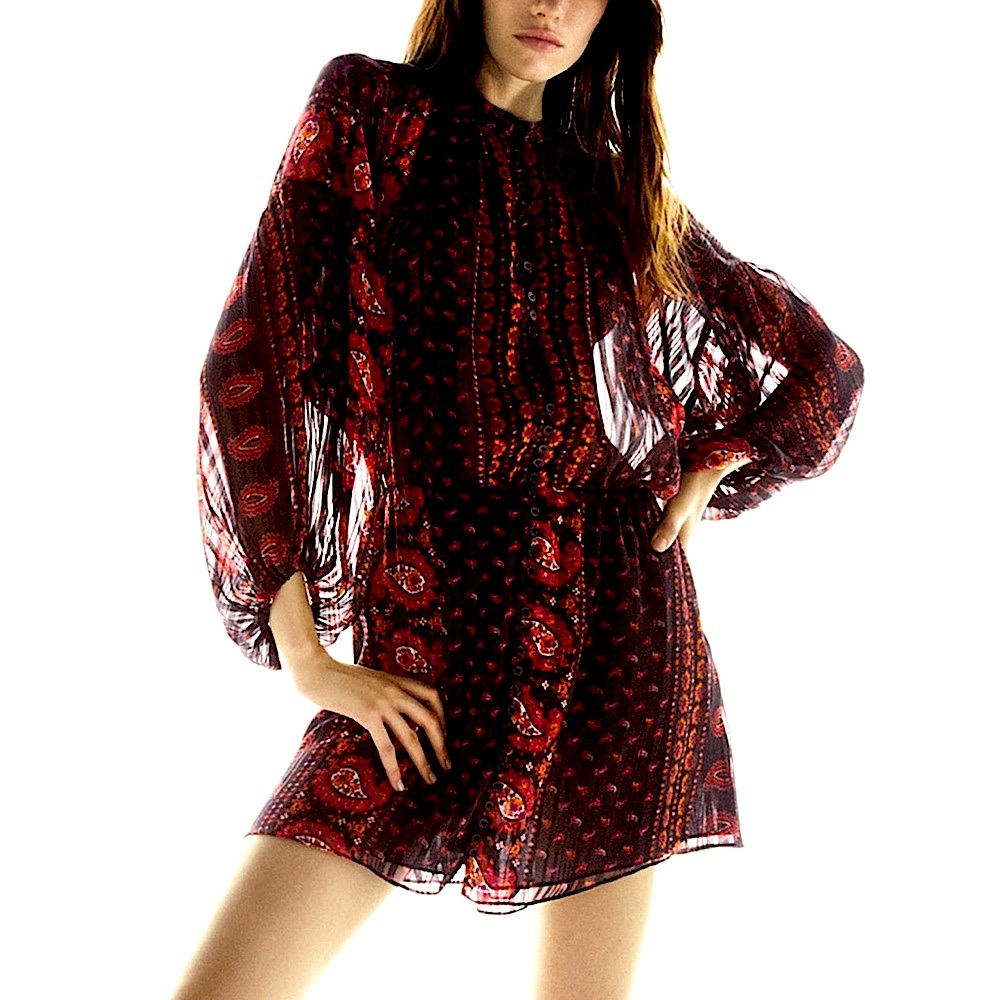 Metallic Thread Detail Printed Dress XS